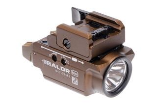 Olight Baldr Mini 600 Lumen Flashlight with Green Laser Sight features a durable tan finish.